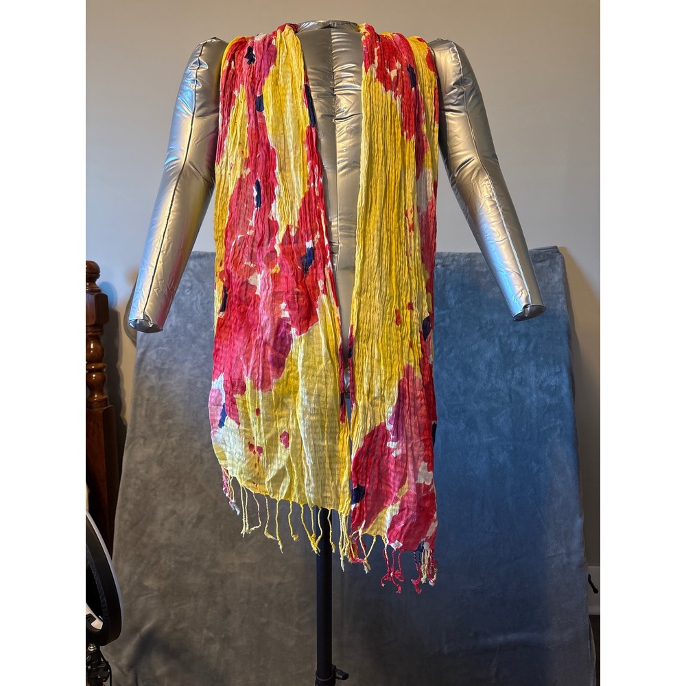 Yellow Red Blue Abstract Floral Crinkle Gauze Scarf with Fringe Tassels